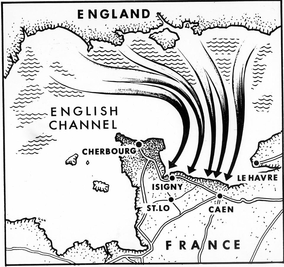Frankrike, 6. juni 1944. Invasjonen i Normandie, de alliertes landgang under D-dagen. Grafisk fremstilling / kartillustrasjon av det allierte angrepet. Arkivfoto. Frankrike, 6. juni 1944. Invasjonen i Normandie. Alliert landgang. D-dagen. Grafisk fremstilling / kartillustrasjon av det allierte angrepet.