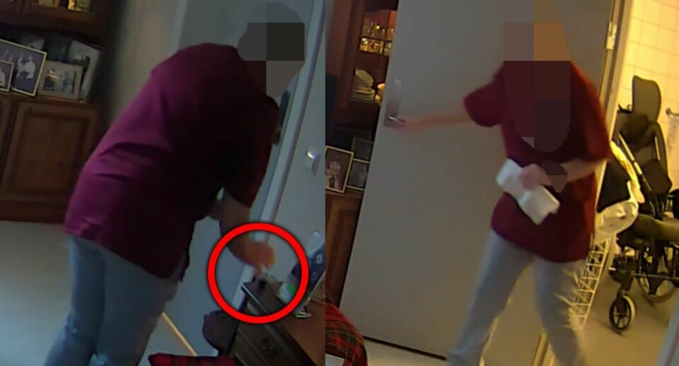 Her tar helsefagarbeideren med seg Livs kosttilskudd, deriblant tranebærdrikke som kan redusere risikoen for urinveisinfeksjon, inn på badet. Få sekunder senere kommer den ansatte tomhendt ut igjen. Kosttilskuddene står journalført som tatt denne dagen. Her tar helsefagarbeideren med seg Livs kosttilskudd, deriblant tranebær som skal motvirke urinveisinfeksjon, inn på badet. Få sekunder senere kommer hun tomhendt ut igjen.