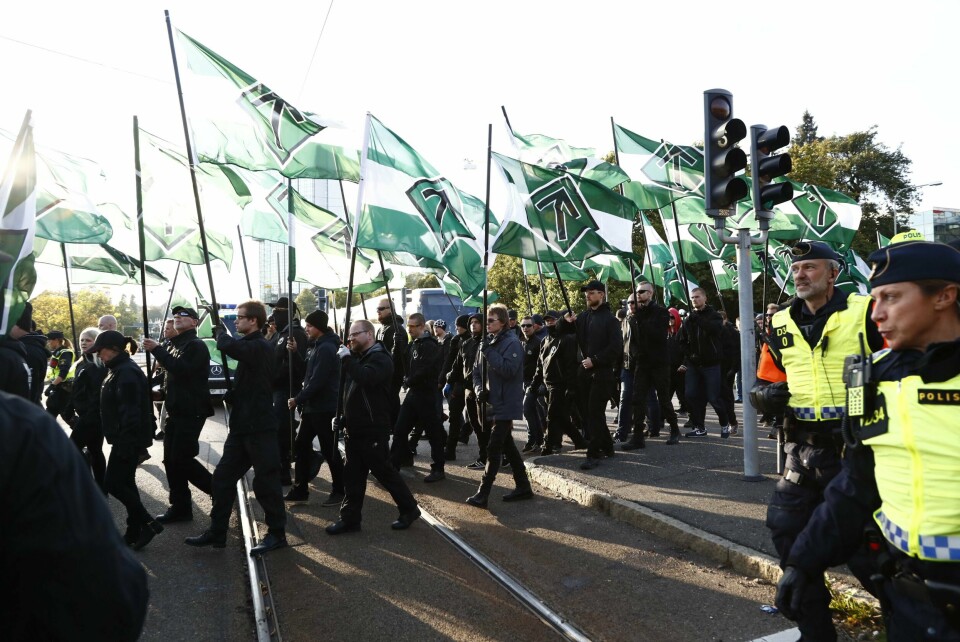 Nynazistene i Den nordiske motstandsbevegelsen. Her fra 2017 i Göteborg. Nazimarsj i Sverige