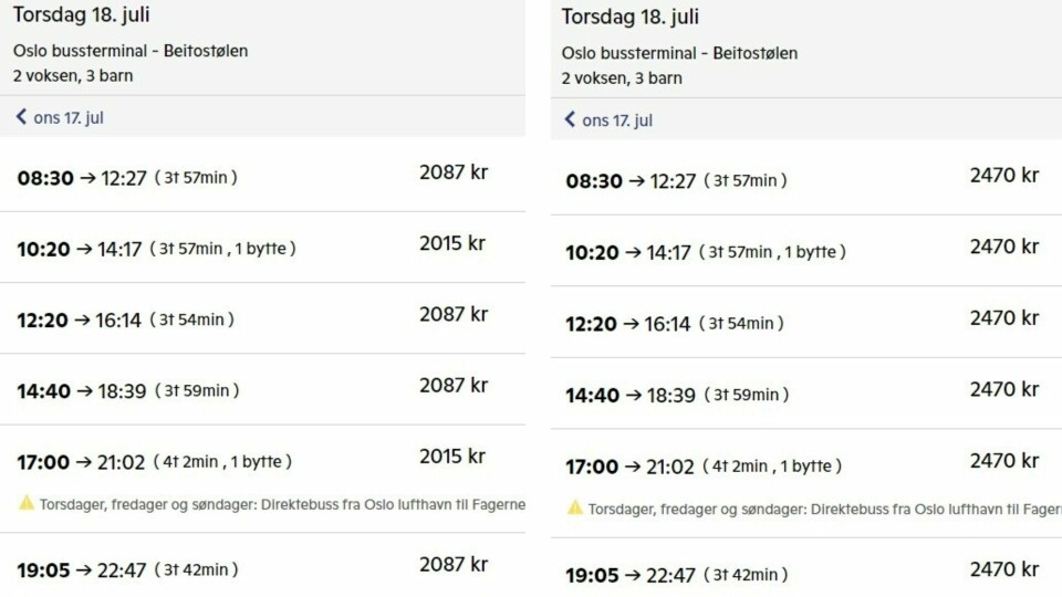 Skjermbilder fra to ulike søk med to voksne og tre barn. Til venstre er resultatet for et søk uten kodeordet «familie». Til høyre er resultatet med koden. Skjermbilde fra Nor-Way, Oslo-Beitostølen med og uten bruke av familierabatt. Til venstre er uten rabatt, til høyre med rabatt og likevel en høyere pris.