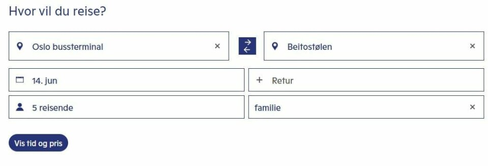 Slik ser billettsøket ut, med boksen nede til høyre hvor man kan skrive inn en rabattkode, eller la feltet stå åpent. Nor-Ways billettsøk