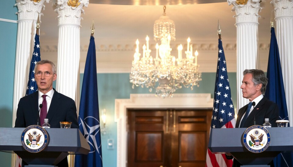 Natos generalsekretær Jens Stoltenberg på tirsdagens pressekonferanse med USAs utenriksminister Antony Blinken i Washington. Natos generalsekretær Jens Stoltenberg på tirsdagens pressekonferanse med USAs utenriksminister Antony Blinken i Washington. Foto: Mark Schiefelbein / AP / NTB