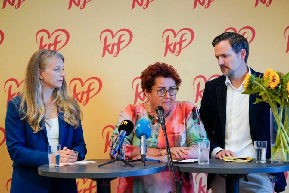 KrF-ledelsen under valgkampåpningen sommeren 2023: F.v.: Nestleder Ida Lindtveit Røse, partileder Olaug Bollestad og nestleder Dag Inge Ulstein. Olaug Bollestad