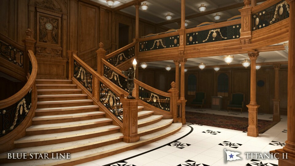 Slik vil det kunne se ut inne i Titanic II, hvis prosjektet realiseres. In this rendering provided by Blue Star Line, the grand staircase on the Titanic II is shown. The replica ship, which Australian billionaire Clive Palmer is planning to build in China, is scheduled to sail in 2016. Palmer said his ambitious plans to launch a copy of the Titanic and sail her across the Atlantic would be a tribute to those who built and backed the original. (AP Photo/Blue Star Line)