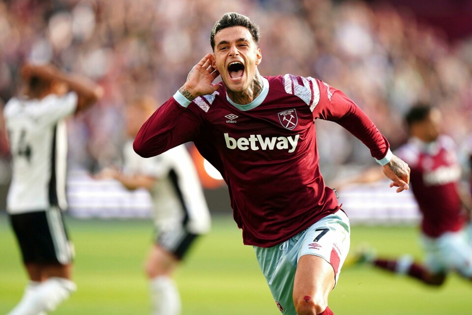 Gianluca Scamacca scoret i West Hams seier over Fulham søndag. Gianluca Scamacca scoret i West Hams seier over Fulham søndag. Foto: Mike Egerton /PA via AP / NTB