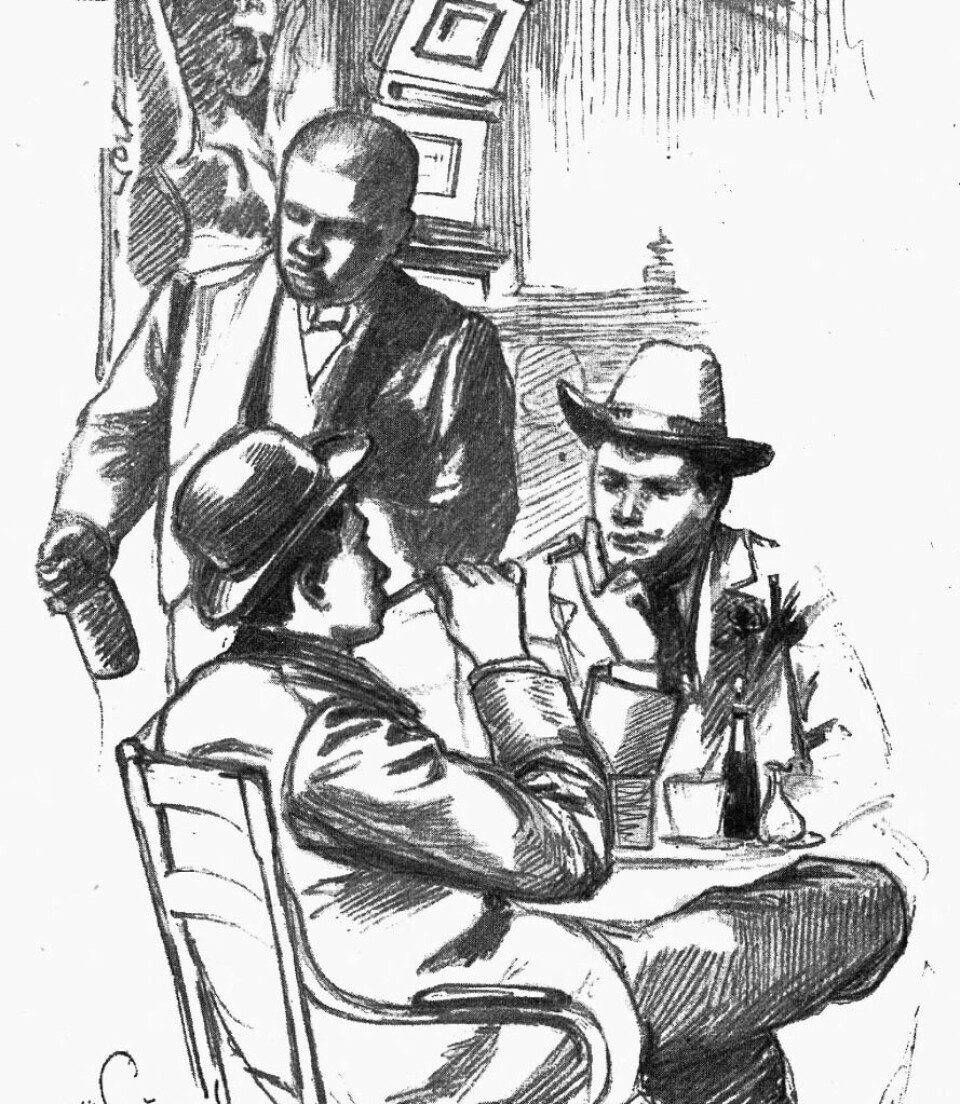 Illustrasjon av en ikke navngitt kafe i Kristiania i 1898. To menn sitter ved et lite bord og røyker. En kelner står ved siden av.
