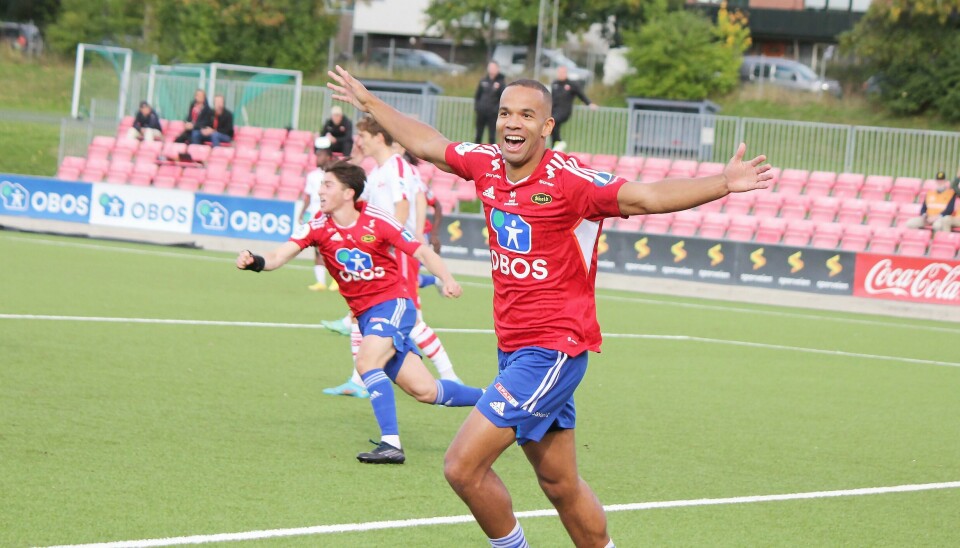 Johnny Buduson kunne juble for nok en Skeid-scoring, som avgjorde kampen borte mot Bryne. Her fra en tidligere hjemmekamp i sesongen. Johnny Buduson feirer sitt utligningsmål til 1-1.