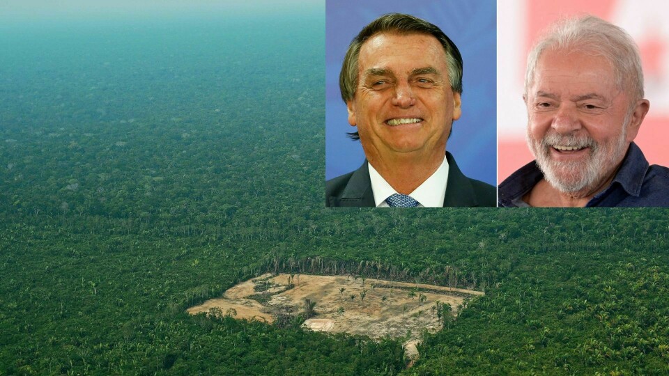 Jair Bolsonaro og Luiz Inácio Lula da Silva (innfelt) går videre til andre runde i valget i Brasil. Det blir et skjebnesvangert valg for regnskogen, mener Regnskogfondet. Dette bildet fra 2017 viser et avskoget område. Jair Bolsonaro og Luiz Inácio Lula da Silva går videre til andre runde i valget i Brasil. Det blir et skjebnesvangert valg for regnskogen, mener Regnskogfondet. Dette bildet fra 2017 viser et avskoget område.