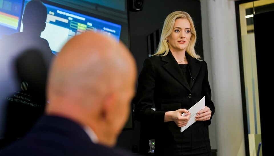 Justisminister Emilie Enger Mehl (Sp) åpner nasjonal sikkerhetsmåned hos Nasjonalt cybersikkerhetssenter i NSM. Justisminister Emilie Enger Mehl (Sp) åpner nasjonal sikkerhetsmåned hos Nasjonalt cybersikkerhetssenter i NSM. Foto: Rodrigo Freitas / NTB