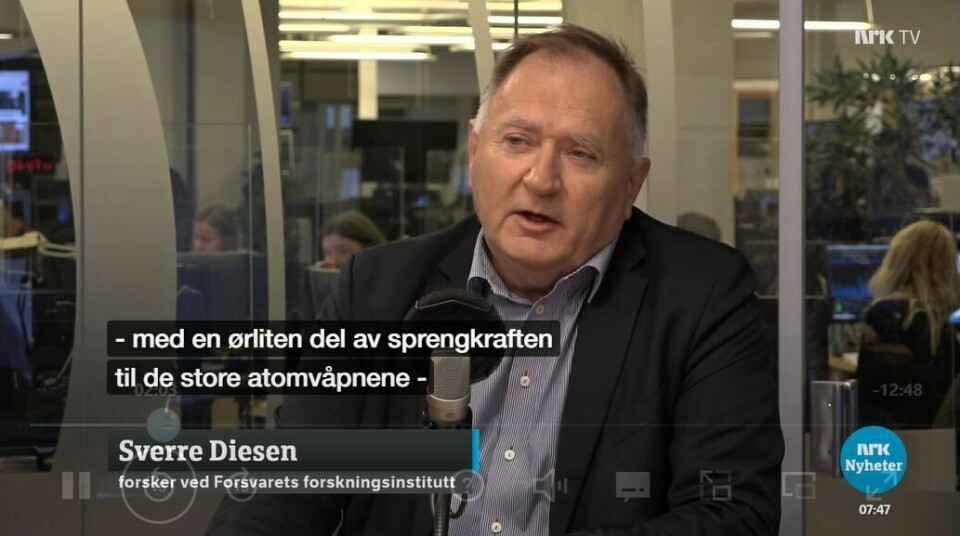 Diesen og andres omtale av små, taktiske atomvåpen er en misvisende og uansvarlig måte å snakke om atomvåpen på, mener innleggsforfatterne. På bildet: Sverre Diesen under Politisk Kvarter på NRK. Diesen og andres omtale av små, taktiske atomvåpen er en misvisende og uansvarlig måte å snakke om atomvåpen på, mener innleggsforfatterne. På bildet: Sverre Diesen under Politisk Kvarter på NRK.