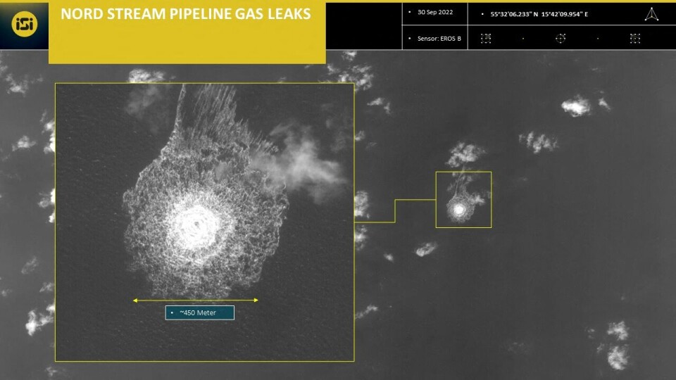 Et bilde viser utslippene fra gassrørledningen NordStream 1 i september.(ImageSat International (ISI)/AFP) Et bilde viser utslippene fra gassrørledningen NordStream 1 i september.