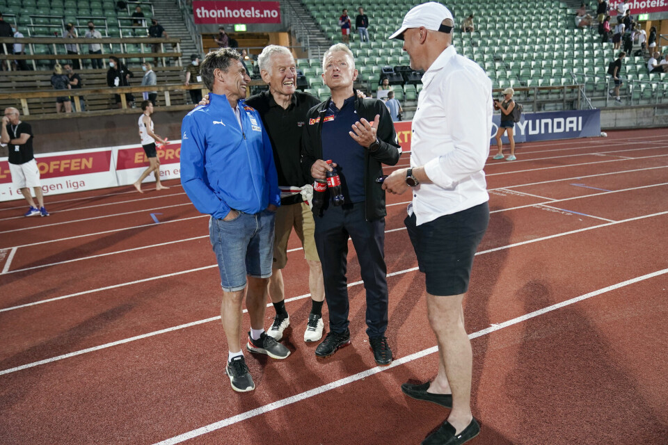 Ove Talsnes, Dag Kaas, Gjert Ingebrigtsen og Vebjørn Rodal i munter passiar på Bislett i fjor. Ove Talsnes, Dag Kaas, Gjert Ingebrigtsen og Vebjørn Rodal i munter passiar på Bislett i fjor.