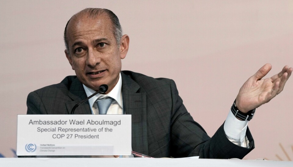 Den egyptiske spesialrepresentanten Wael Aboulmagd på klimatoppmøtet i Sharm el-Sheikh. Den egyptiske spesialrepresentanten Wael Aboulmagd på klimatoppmøtet i Sharm el-Sheikh. Foto: Nariman El-Mofty / AP / NTB