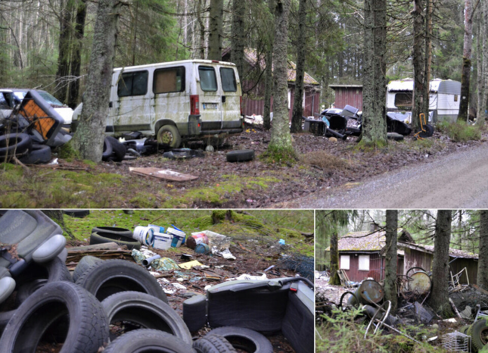 Eikebergveien i Indre Østfold kommune. For sju år siden fikk grunneierne varsel om tvangsmulkt hvis det ikke ble ryddet opp. De hevder nå at opprydding har startet. Kommunen satte siste frist med å melde inn at tiltak har blitt gjennomført til 1. november. Bildene er tatt 1. desember 2022. Eikebergveien i Indre Østfold kommune. For sju år siden fikk grunneierne varsel om tvangsmulkt hvis det ikke ble ryddet opp. Foto tatt 1. desember 2022.