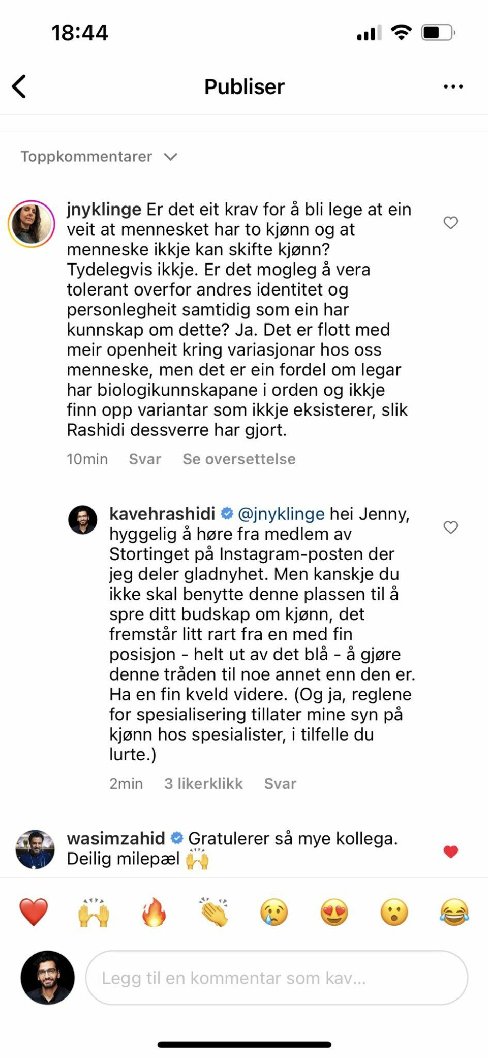 Skjermdump fra stortingsrepresentant Jenny Klinges svar til lege Kaveh Rashidi på Instragram Skjermdump fra stortingsrepresentant Jenny Klinges svar til lege Kaveh Rashidi på Instragram