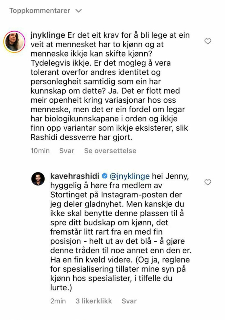 Jenny Klinges svar til lege Kaveh Rashidi på Instragram. Jenny Klinges svar til lege Kaveh Rashidi på Instragram.