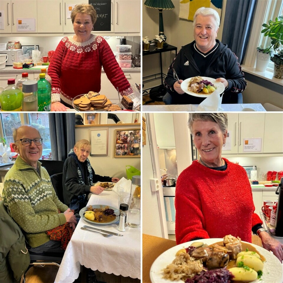 Sten Klevås Olsen, Laila Olsen, Robert Stubberud og Gerd Berg på Åpent Hus sin julemiddag. Julemiddag på Åpent Hus