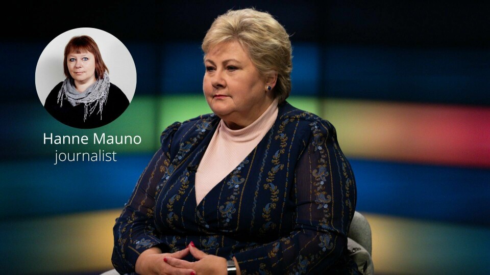 Høyre-leder Erna Solberg i Debatten på NRK 21. september, der hun skal ha hatt en tåre i øyekroken. Høyre-leder Erna Solberg i Debatten på NRK 21. september, der hun skal ha hatt en tåre i øyekroken.