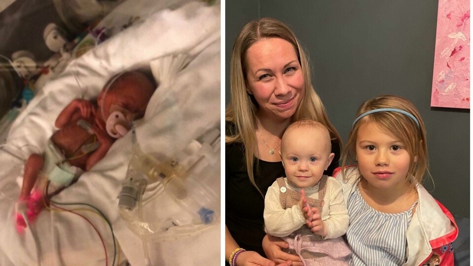 Molly da hun var noen dager gammel, og lå i kuvøse. Og i dag 18 måneder senere, sammen med mamma Charlotte og storesøster Stella (6). Molly