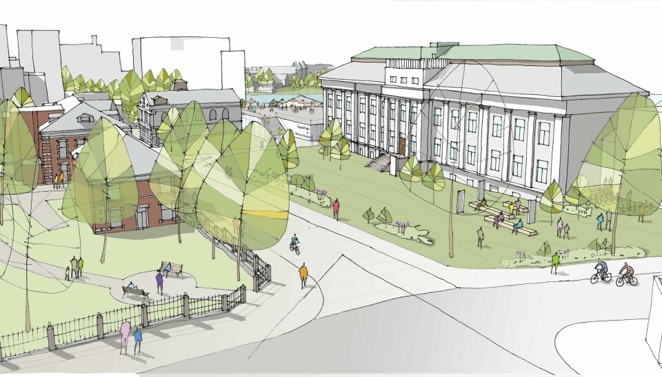 Akropolis-visjonen, slik arkitektene har sett for seg at det kan ta seg ut i retning Domkirken. Akropolis-visjonen, slik arkitektene har sett for seg at det kan ta seg ut i retning Domkirken.
