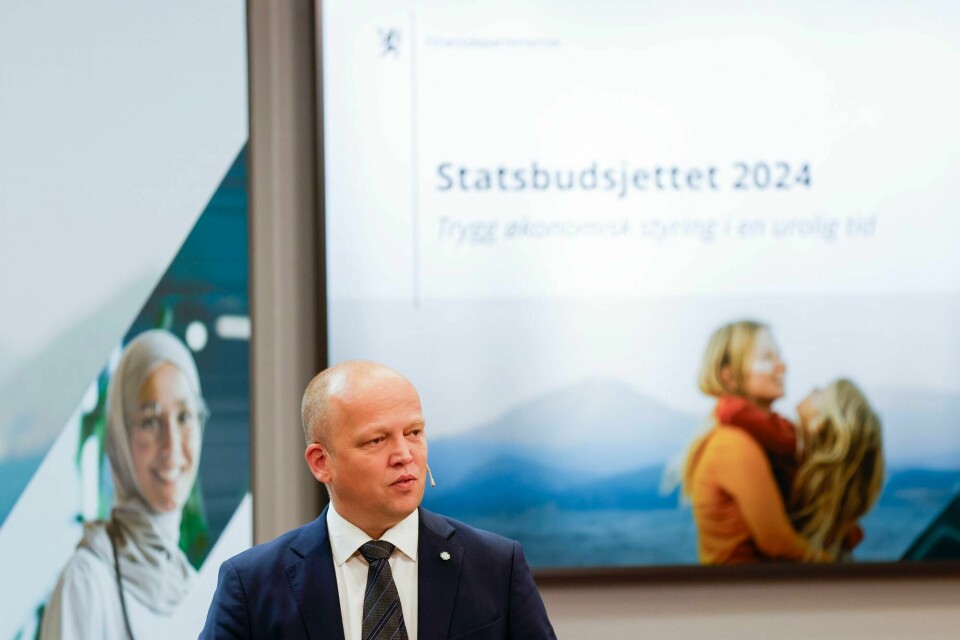Finansminister Trygve Slagsvold Vedum (Sp) under pressekonferansen der han la fram statsbudsjettet for 2024. Trygve Slagsvold Vedum