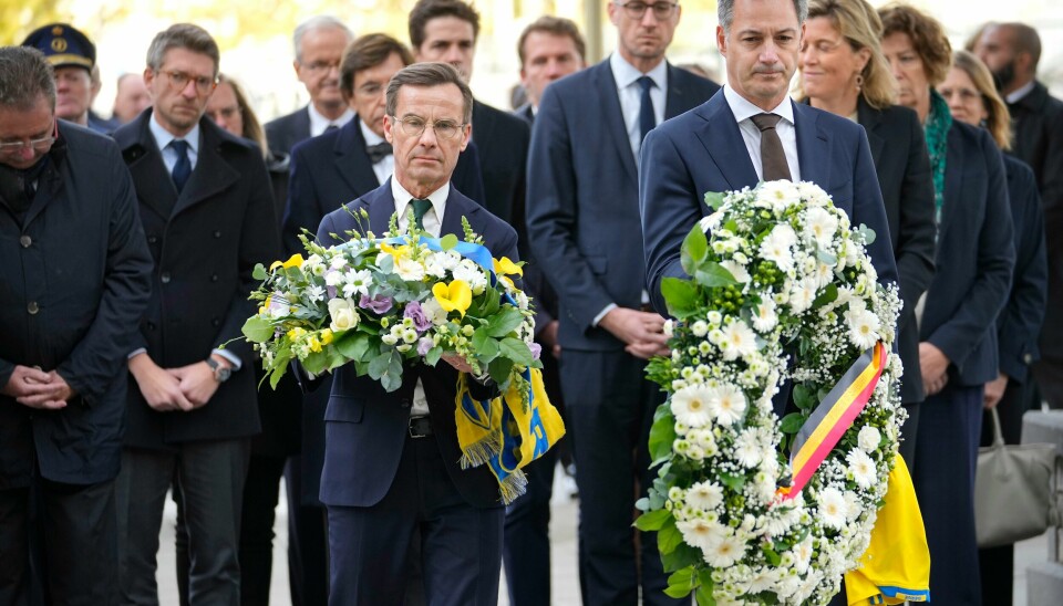 Sveriges statsminister Ulf Kristersson og Belgias statsminister Alexander De Croo på minnestunden for de to svenskene som ble skutt og drept i et terrorangrep i Brussel mandag. Sveriges statsminister Ulf Kristersson og Belgias statsminister Alexander De Croo på minnestunden for de to svenskene som ble skutt og drept i et terrorangrep i Brussel mandag. Foto: NTB / AP