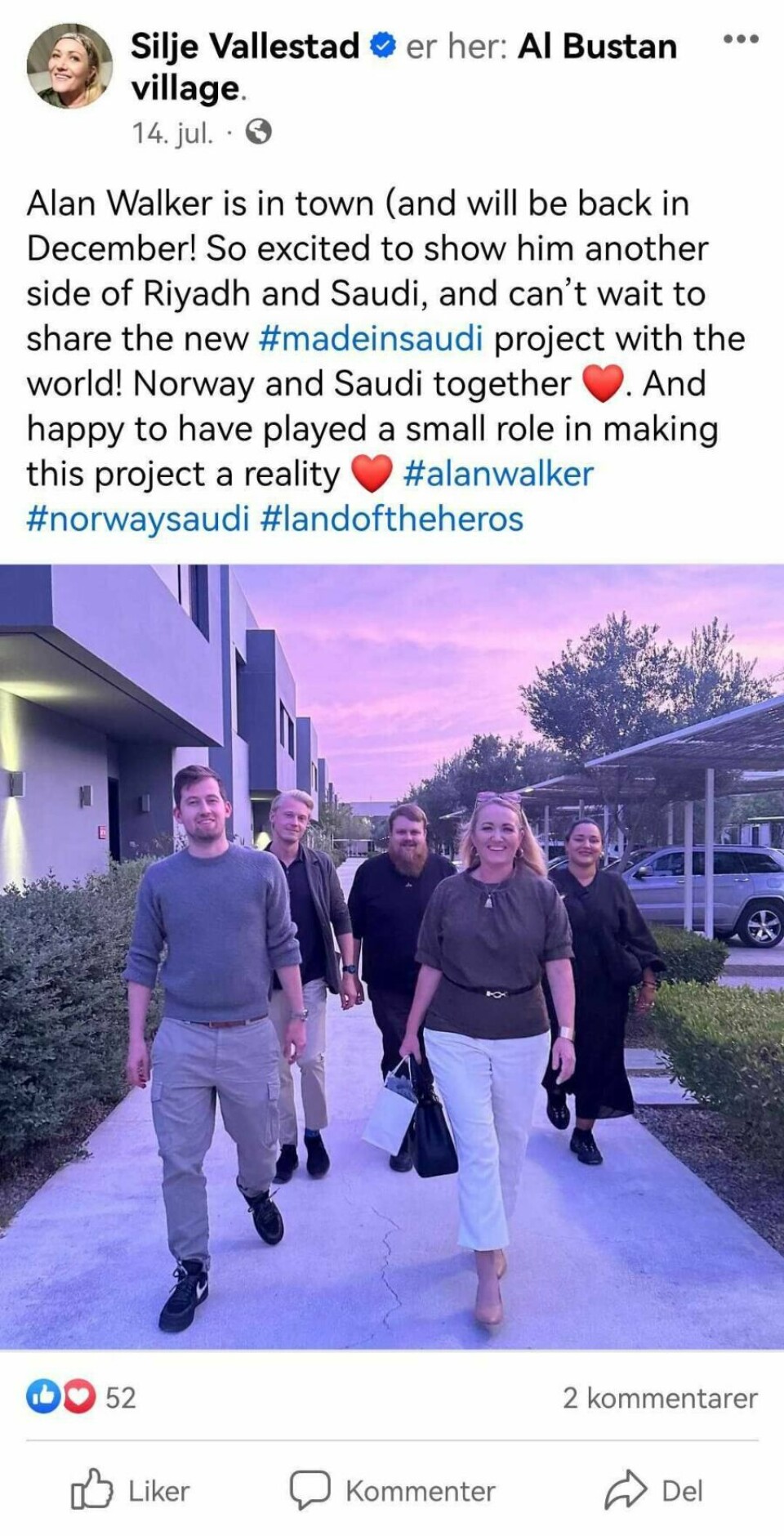 Vallestad skriver at hun har spilt «en liten rolle» i å få Alan Walker til Saudi-Arabia i sommer. Vallestad skriver at hun har spilt «en liten rolle» i å få Alan Walker til Saudi-Arabia.