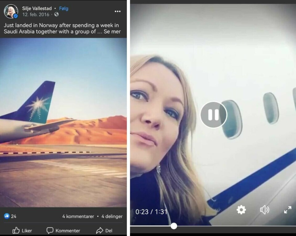 I 2016 var Vallestad på tur til Saudi-Arabia med World Economic Forums Young Global Leaders, som hun ble utnevnt til i 2013. Her med privatflyet til Saudi Aramco. I 2016 var Vallestad på tur til Saudi-Arabia med World Economic Forums Young Global Leaders, som hun ble utnevnt til i 2013. Her med privatflyet til Saudi Aramco.