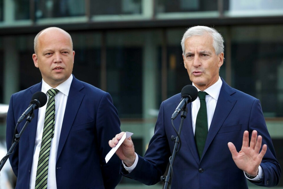 Statsminister Jonas Gahr Støre og finansminister Trygve Slagsvold Vedum i forbindelse med regjeringens budsjettkonferanse i høst. Den endte med at det midlertidige tillegget på arbeidsgiveravgiften for alle i privat sektor som tjener over 750.000 kroner ble forlenget. Noe Vegard Einan i NHO reagerer kraftig på. Oslo 20230831. Pressekonferanse med Statsminister Jonas Gahr Støre og finansminister Trygve Slagsvold Vedum i forbindelse med Regjeringens budsjettkonferanseFoto: Emilie Holtet / NTB