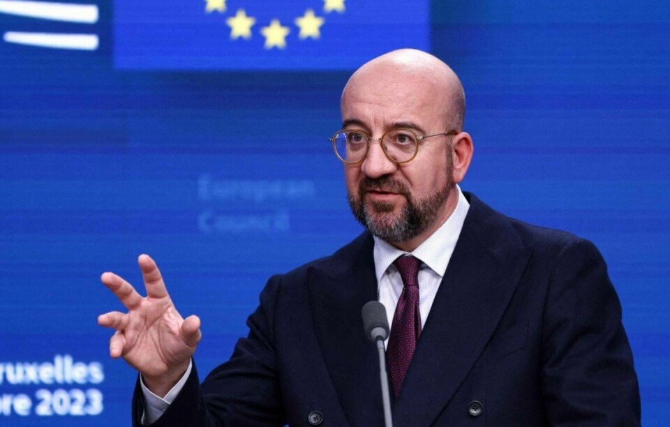EU-president Charles Michel. European Council President Charles Michel speaks as he holds a joined press conference with European Commission President Ursula von der Leyen (off frame) during a European Union summit, at the EU headquarters in Brussels, on October 27, 2023. EU leaders will debate starting October 26, 2023, in a two day summit in Brussels, for a call for humanitarian 'pauses' in Israel's war with Hamas, as the bloc grapples with another conflict on its fringes alongside Russia's invasion of Ukraine. (Photo by Kenzo TRIBOUILLARD / AFP)