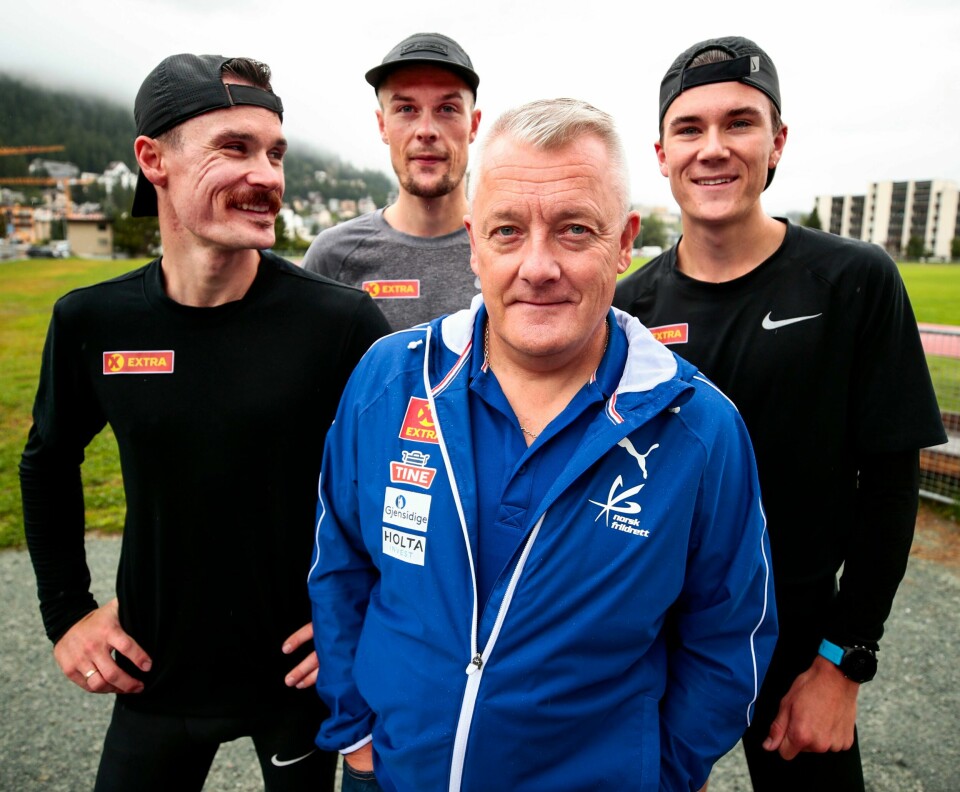 Den gang da: Gjert Ingebrigtsen (foran) sammen med sønnene Henrik (t.v.), Filip og Jakob på treningsleir i St. Moritz i 2019. Den gang da: Gjert Ingebrigtsen (foran) sammen med sønnene Henrik (t.v.), Filip og Jakob på treningsleir i St. Moritz i 2019.