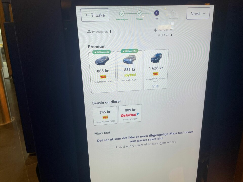 Skjermbilde fra taxi bestillingsautomaten ved Oslo Lufthavn. Oslo