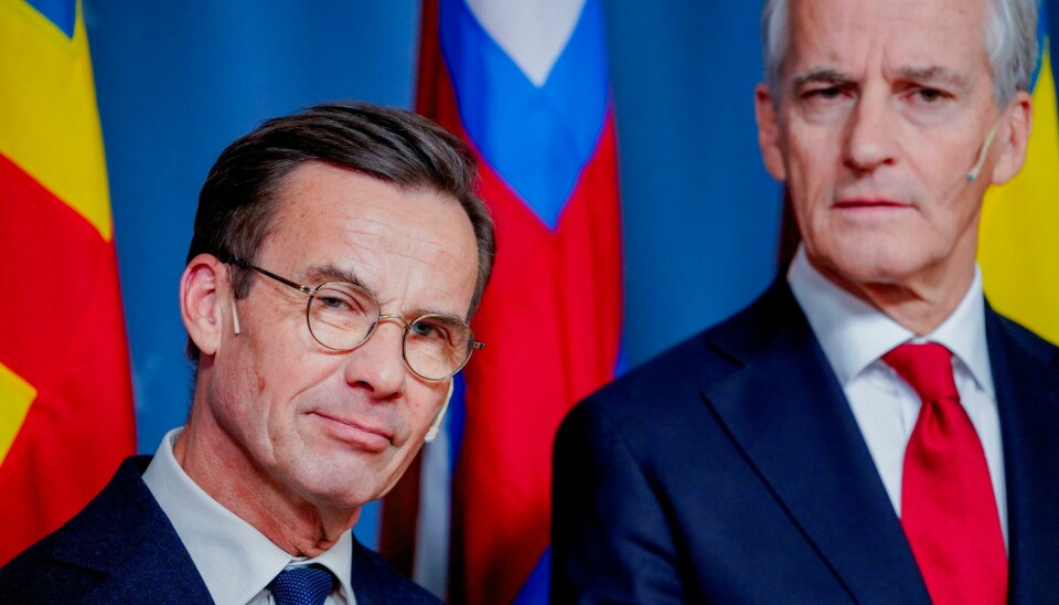 De nordiske statsministrene møttes tirsdag i Oslo. Her Sveriges Ulf Kristersson og Norges Jonas Gahr Støre. Sveriges statsminister Ulf Kristersson mener at de nordiske landene i all hovedsak er enige i spørsmålet om humanitær støtte til Gaza. Foto: Ole Berg-Rusten / NTB