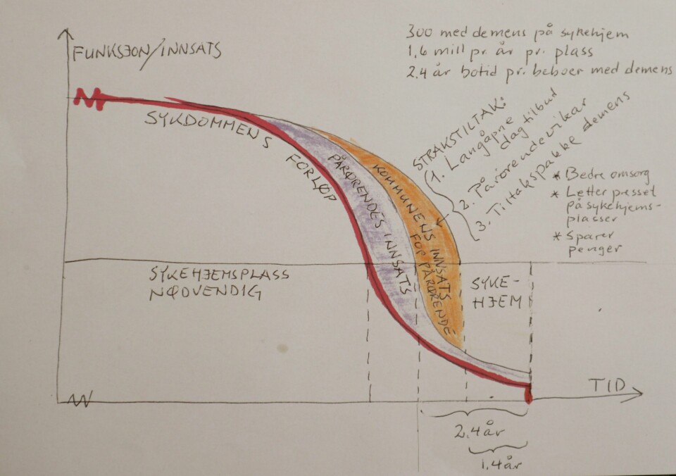 Alnes har laget en modell som viser hvordan pårørende og kommunen kan forlenge demensrammedes tid hjemme. Alnes har laget en modell som viser hvordan pårørende og kommunen kan forlenge demensrammedes tid hjemme.