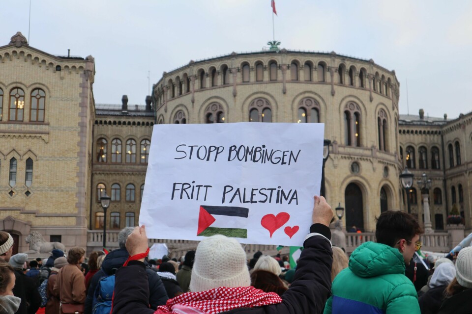 Demonstrasjonen foran Stortinget torsdag. Stopp bombingen, fritt Palestina, sier skiltet til demonstrasjon.