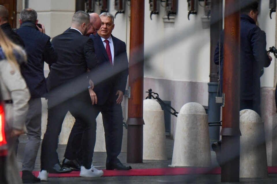 Viktor Orban (lengst t.h.) og EU-president Charles Michel (nr. 2 f.h.) på vei inn til mandagens møte i Budapest, Ungarn. Hunngarian Prime Minister Viktor Orban (R) greets Charles Michel, the President of the European Council onhis arrival for a meeting in Budapest, on November 27, 2023. (Photo by Ferenc ISZA / AFP)