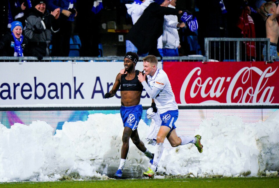 Bilal Njie scoret to ganger for FK Haugesund i den avgjørende kampen mot Stabæk. Bilal Njie scoret to ganger for FK Haugesund i den avgjørende kampen mot Stabæk. Foto: Jan Kåre Ness / NTB