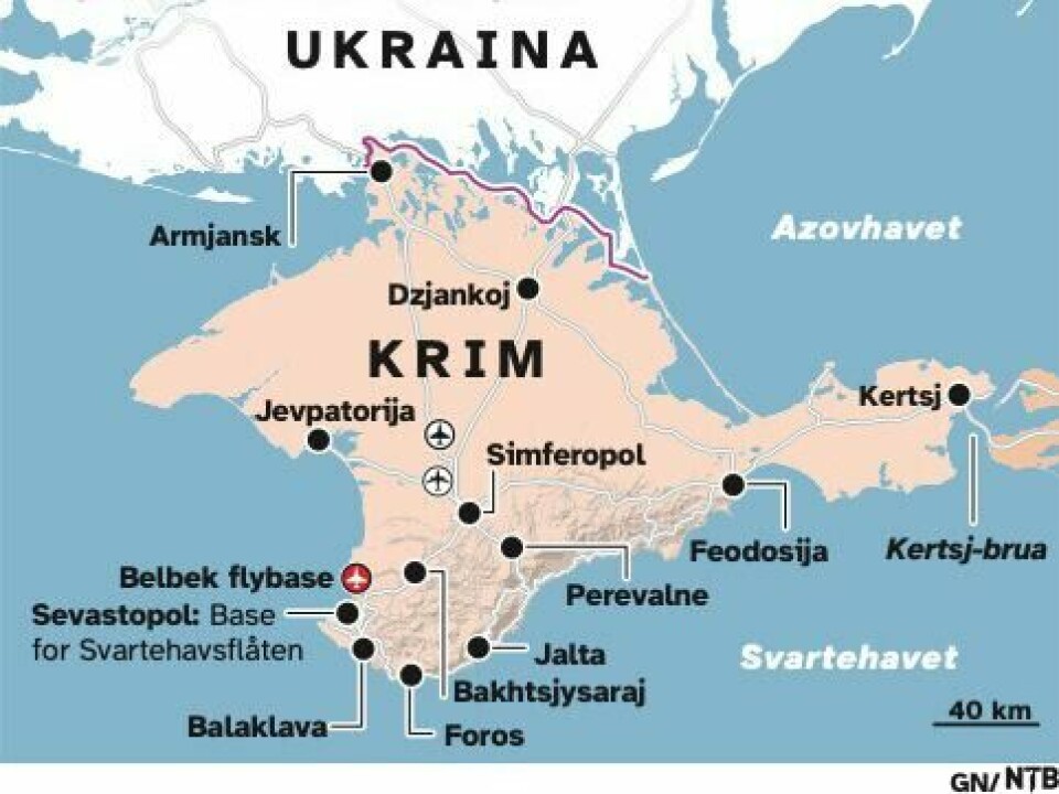Kart over den annekterte ukrainske Krim-halvøya, som Russland og Putin tok i 2014. Kart over den annekterte ukrainske Krim-halvøya, som Russland og Putin tok i 2014.