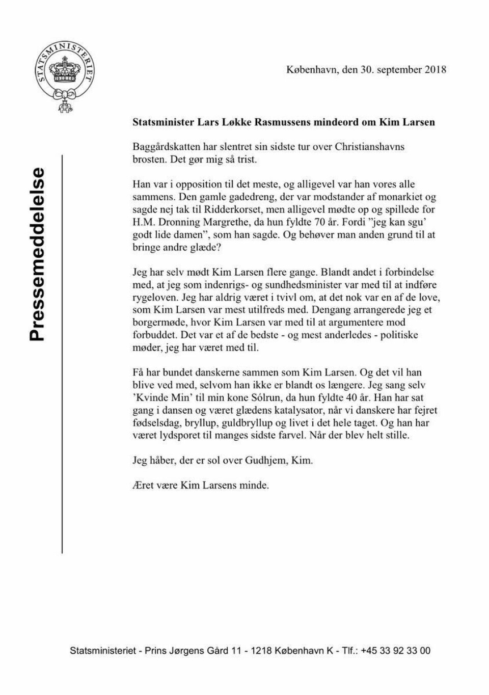 Her er den danske statsministerens minneord over Kim Larsen ###