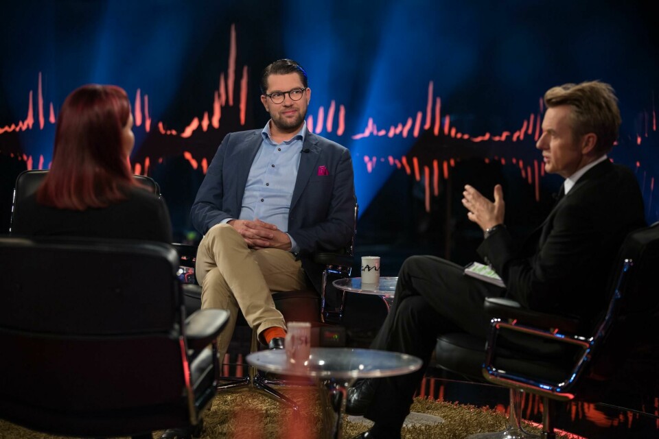 Oslo 20180913.Jimmie Åkesson og samboer og partikollega Louise Erixon hos Fredrik Skavlan.Foto: Monkberry/TV2 Johan Halsius / NTB scanpix Oslo 20180913.Jimmie Åkesson og samboer og partikollega Louise Erixon hos Fredrik Skavlan.Foto: Monkberry/TV2 Johan Halsius / NTB scanpix