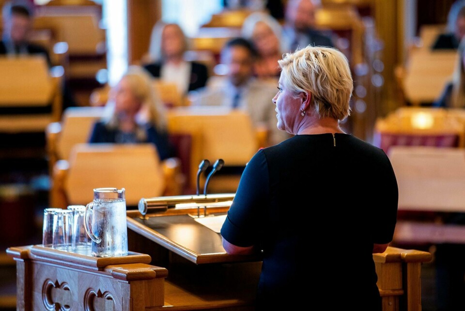 FINANSMINISTER: Siv Jensen presenterte statsbudsjettet på Stortingets talerstol i går. Dette kan være siste budsjettet Jensen legger fram.