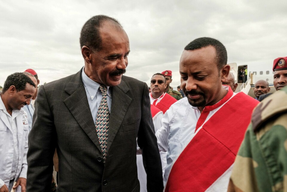 Fredsinitiativet overfor Eritrea er det den viktigste grunnen til at Abiy Ahmed får prisen. Her med Eritreas president under sistnevntes besøk i Etiopia i november i fjor. FOTO: NTB SCANPIX Fredsinitiativet overfor Eritrea er det den viktigste grunnen til at Abiy Ahmed får prisen. Her med Eritreas president under sistnevntes besøk i Etiopia i november i fjor. FOTO: NTB SCANPIX