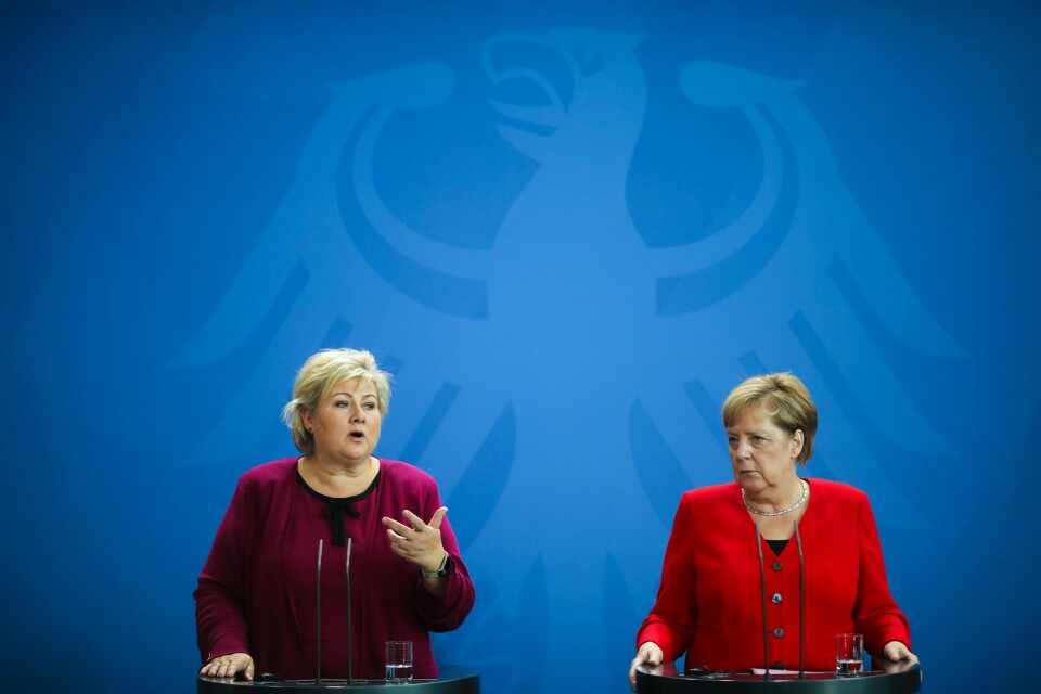 Statsminister Erna Solberg var tirsdag på besøk hos Tysklands statsminister Angela Merkel i Berlin.