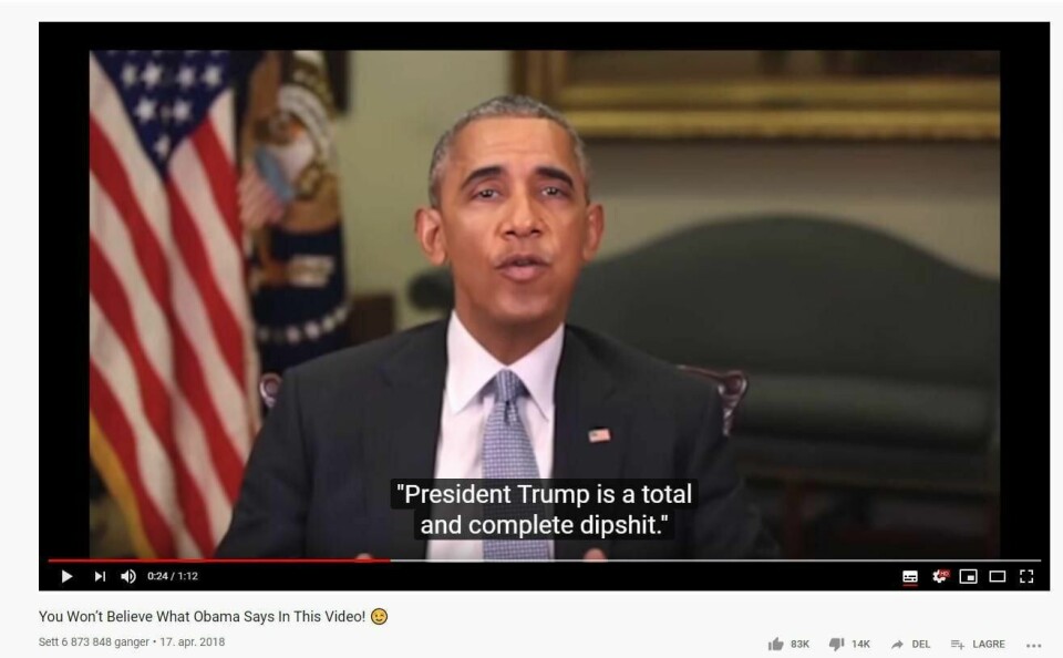 Videoen «You Won’t Believe What Obama Says in This Video» ble laget i fjor av nettstedet BuzzFeed for å vise hvor lett moderne teknologi kan brukes til å manipulere oss. SKJERMDUMP: YOUTUBE