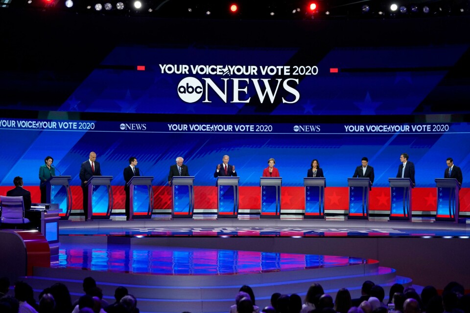 From left, Democratic presidential candidates Sen. Amy Klobuchar, D-Minn., Sen. Cory Booker, D-N.J., South Bend Mayor Pete Buttigieg, Sen. Bernie Sanders, I-Vt., former Vice President Joe Biden, Sen. Elizabeth Warren, D-Mass., Sen. Kamala Harris, D-Calif., entrepreneur Andrew Yang, former Texas Rep. Beto O'Rourke and former Housing Secretary Julian Castro resume their debate Thursday, Sept. 12, 2019, after a break during a Democratic presidential primary debate hosted by ABC at Texas Southern University in Houston. (AP Photo/David J. Phillip) From left, Democratic presidential candidates Sen. Amy Klobuchar, D-Minn., Sen. Cory Booker, D-N.J., South Bend Mayor Pete Buttigieg, Sen. Bernie Sanders, I-Vt., former Vice President Joe Biden, Sen. Elizabeth Warren, D-Mass., Sen. Kamala Harris, D-Calif., entrepreneur Andrew Yang, former Texas Rep. Beto O'Rourke and former Housing Secretary Julian Castro resume their debate Thursday, Sept. 12, 2019, after a break during a Democratic presidential primary debate hosted by ABC at Texas Southern University in Houston. (AP Photo/David J. Phillip)