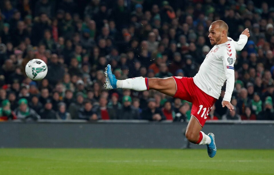 Martin Braithwaite scorer Danmarks mål i Dublin mandag kveld.
