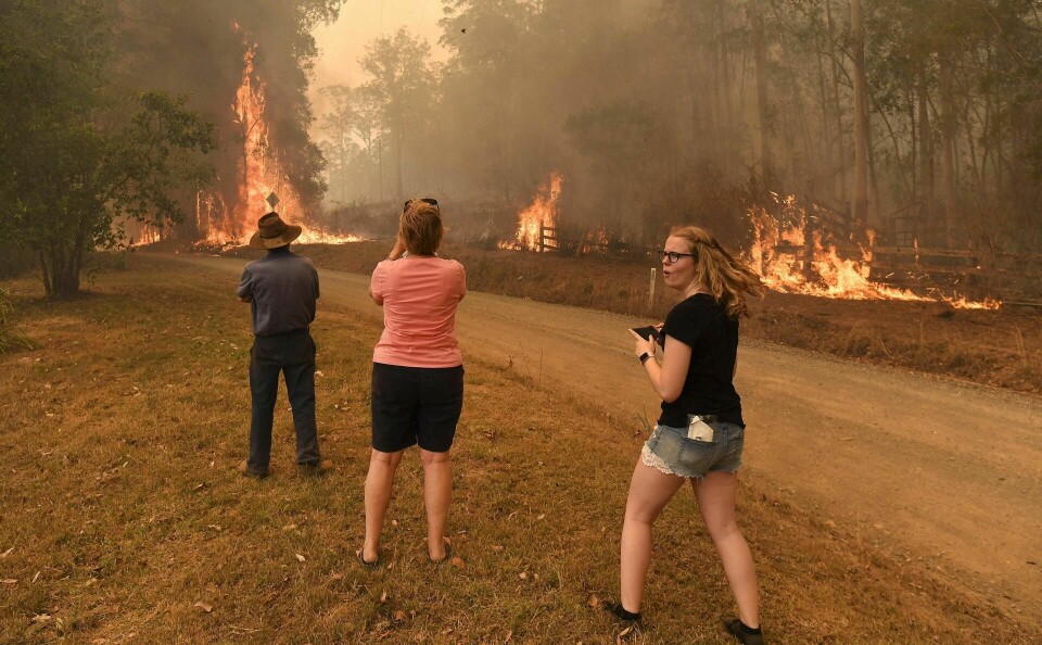 Innbyggere i Nabiac 35 mil nord for Sydney ser på flammene som nærmer seg husene deres. Foto: NTB scanpix Innbyggere i Nabiac 35 mil nord for Sydney ser på flammene som nærmer seg husene deres. Foto: NTB scanpix