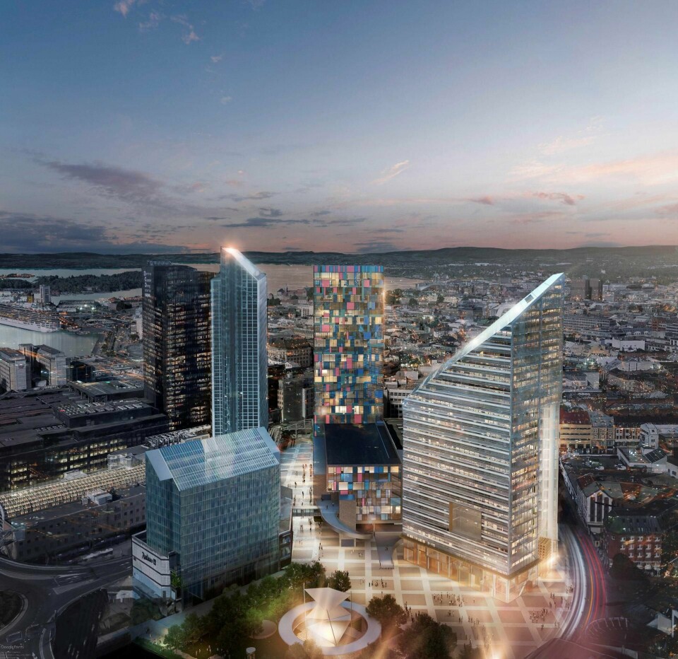I Norges Varemesses forslag til hvordan Oslo Spektrum kan bli seendes ut, har LPO arkitekter også tegnet inn de tre nye planlagte etasjene på Oslo Plaza, med tilbygg. I tillegg til Entras planlagte bygg Solar. Illustrasjon: LPO-arkitekter