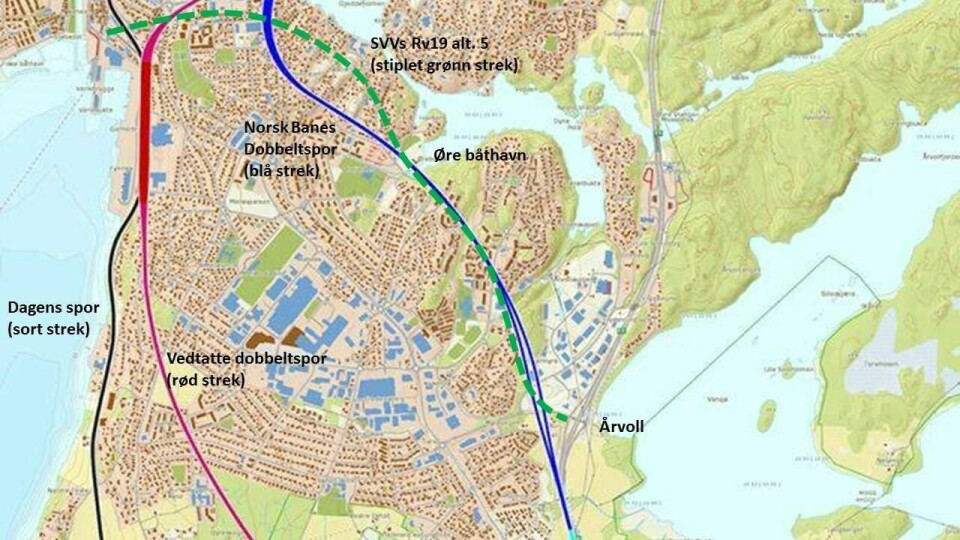 Myraalternativet (blå strek) og Rv19 (grønn stiplet strek) fra Moss sentrum til Årvoll.