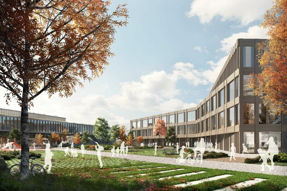 Slik er nye Fjellhamar skole tenkt. Perspektivet er fra torget som skal ligge mellom skolebygget (til høyre), idrettsbygget (rett fram) og boliger som er planlagt på vestsiden av skolebygget Slik er nye Fjellhamar skole tenkt. Perspektivet er fra torget som skal ligge mellom skolebygget (til høyre), idrettsbygget (rett fram) og boliger som er planlagt på vestsiden av skolebygget